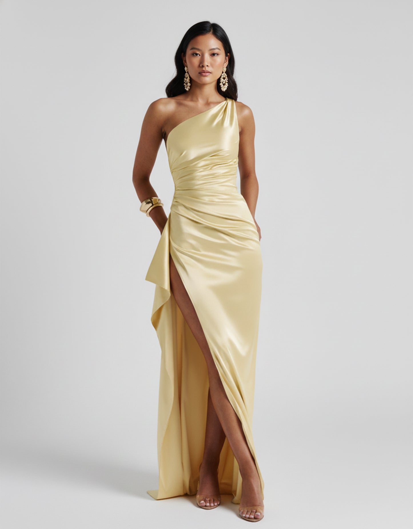 Women's Gold Maxi Dress One Shoulder Draped Style