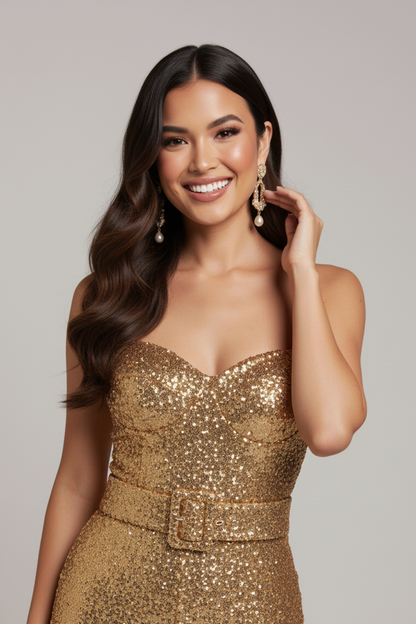 Women's Gold Sequin Jumpsuit with Underwire Bustier and Flared Trousers