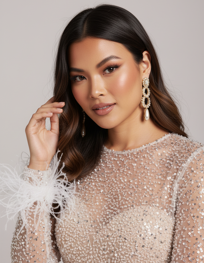 Women's Jumpsuit Feather-Trim Cuffs with Beading Detail White