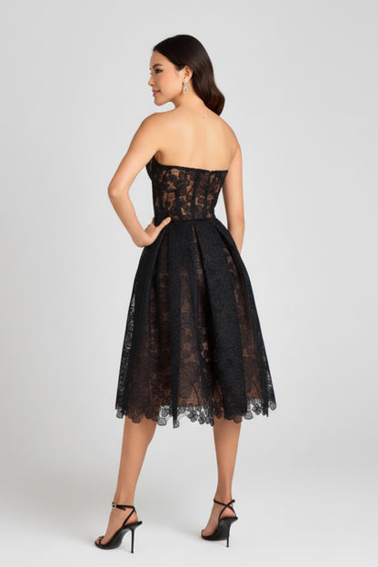 Women's Midi Dress Floral Lace Corset Formal Cocktail Black