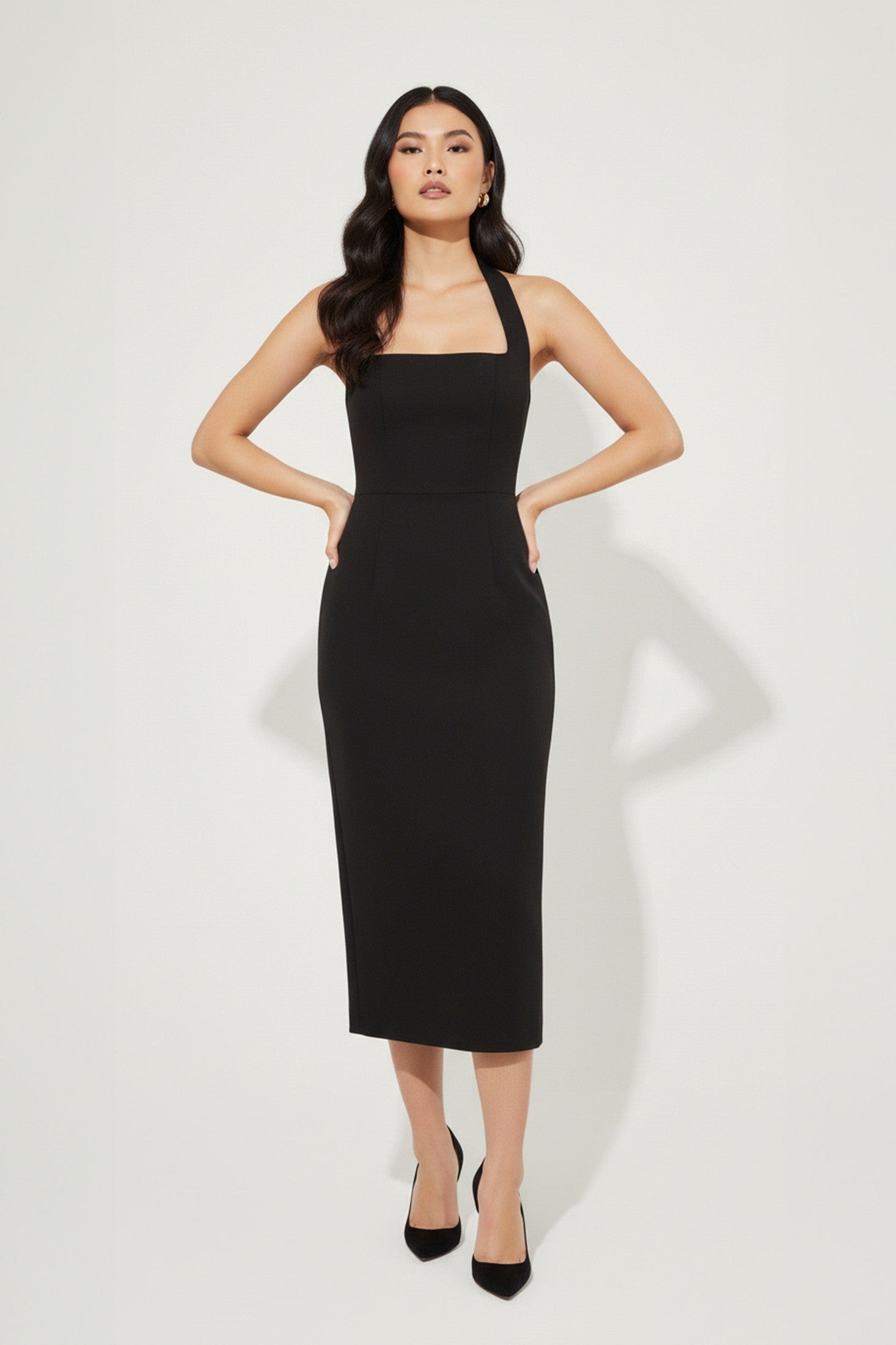 Women's Midi Dress Halter Neck Plain Black