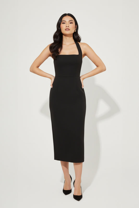 Women's Midi Dress Halter Neck Plain Black