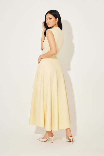 Women's Midi Dress Sleeveless V-Shaped Waist Beige