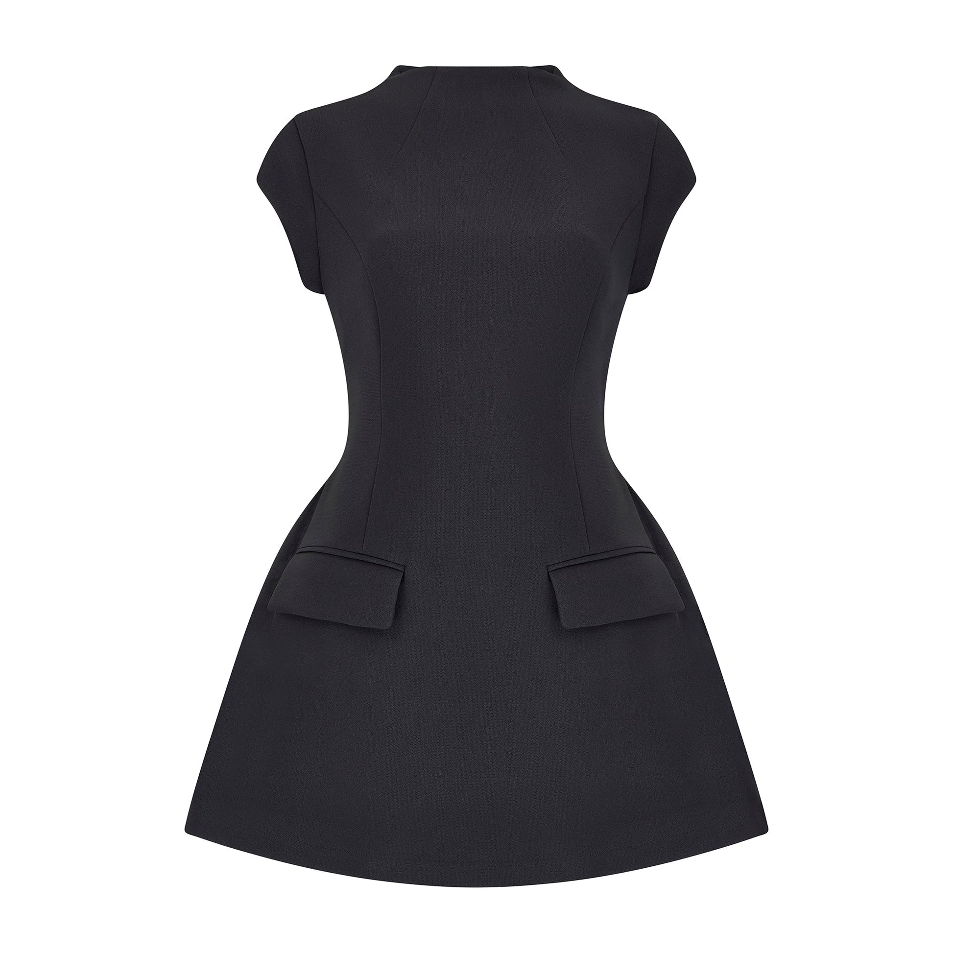 Women's Mini Dress Cap Sleeves High Neck Plain Black