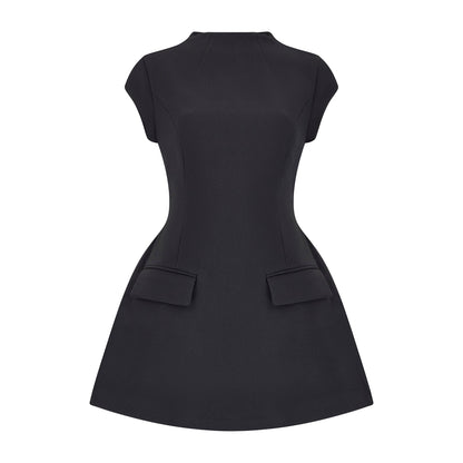 Women's Mini Dress Cap Sleeves High Neck Plain Black
