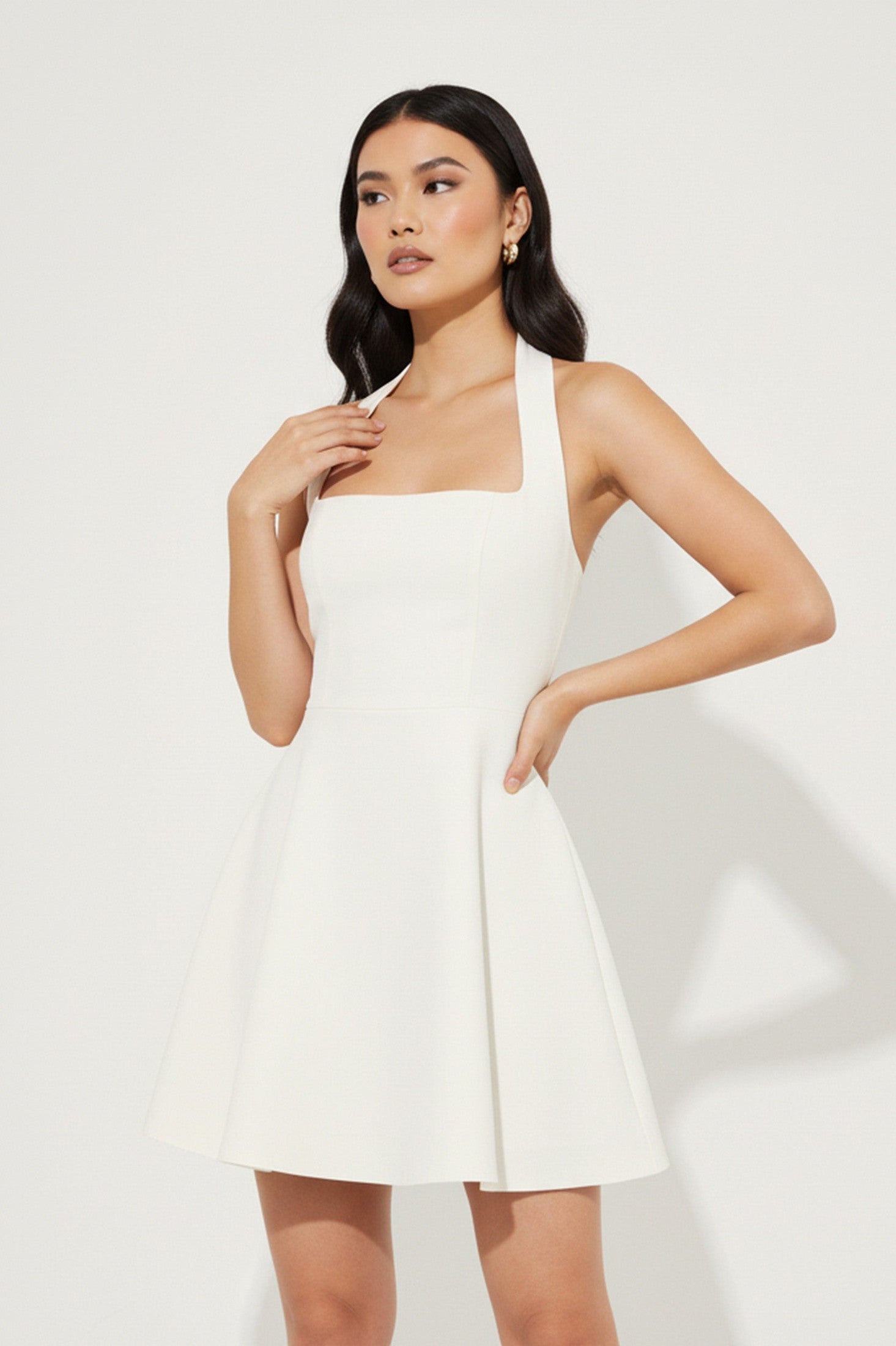 Women's Mini Dress Halterneck Summer Dress Plain White