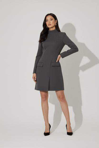 Women's Mini Dress High Neck with Long Sleeves and Pockets Plain Grey