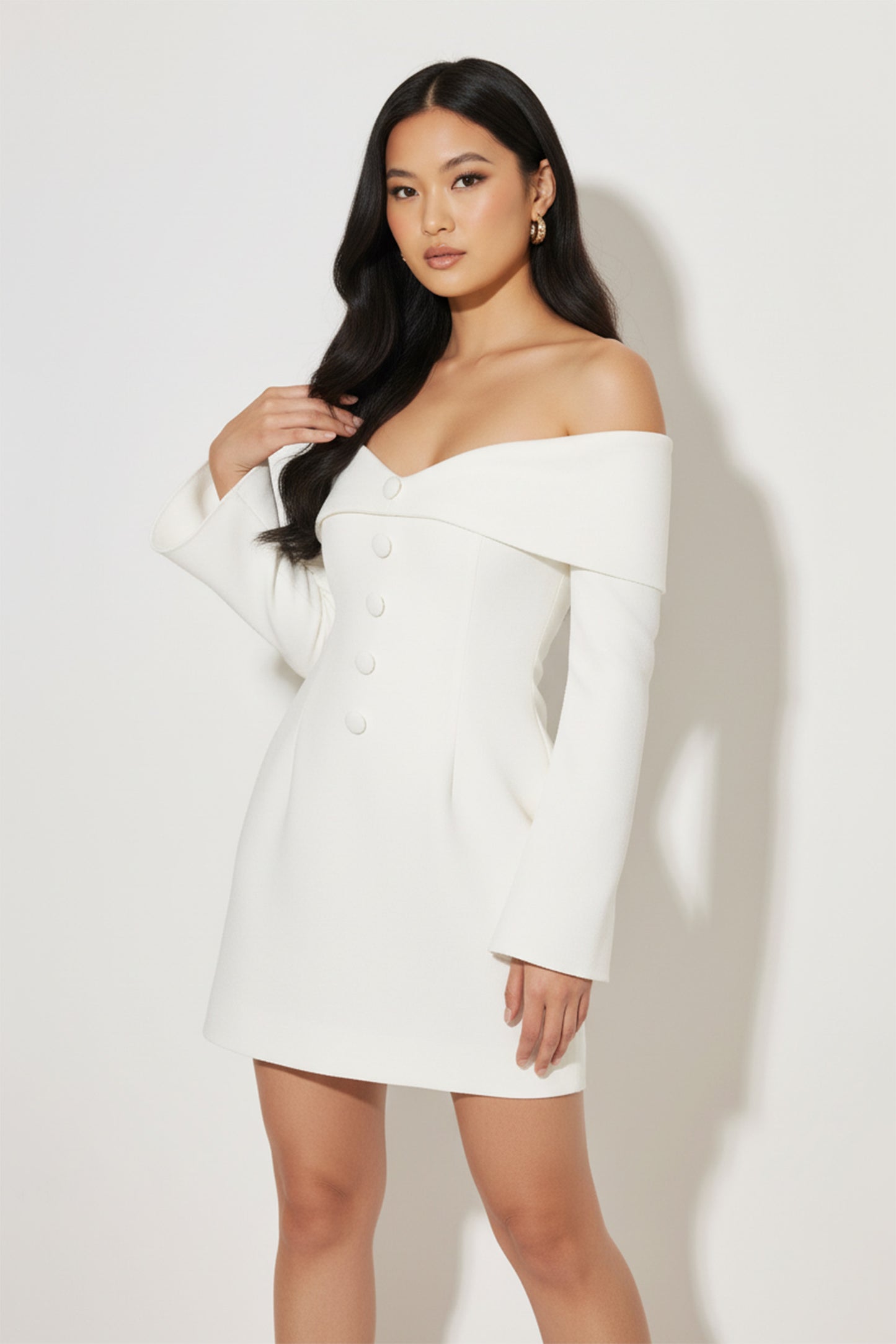 Women's Mini Dress Off-Shoulder Satin Style Plain White