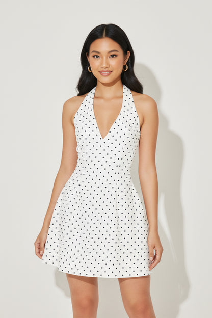 Women's Mini Dress V-neck Ruffle Skirt Dotted Black White