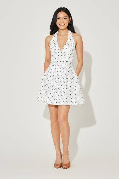 Women's Mini Dress V-neck Ruffle Skirt Dotted Black White