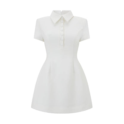 Women's Mini Dress With Collar Ruffle Skirt Plain White