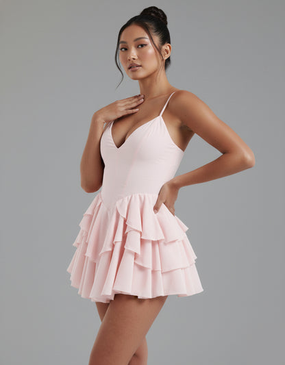 Women's Pink Playsuit Backless with Ruffle Skirt