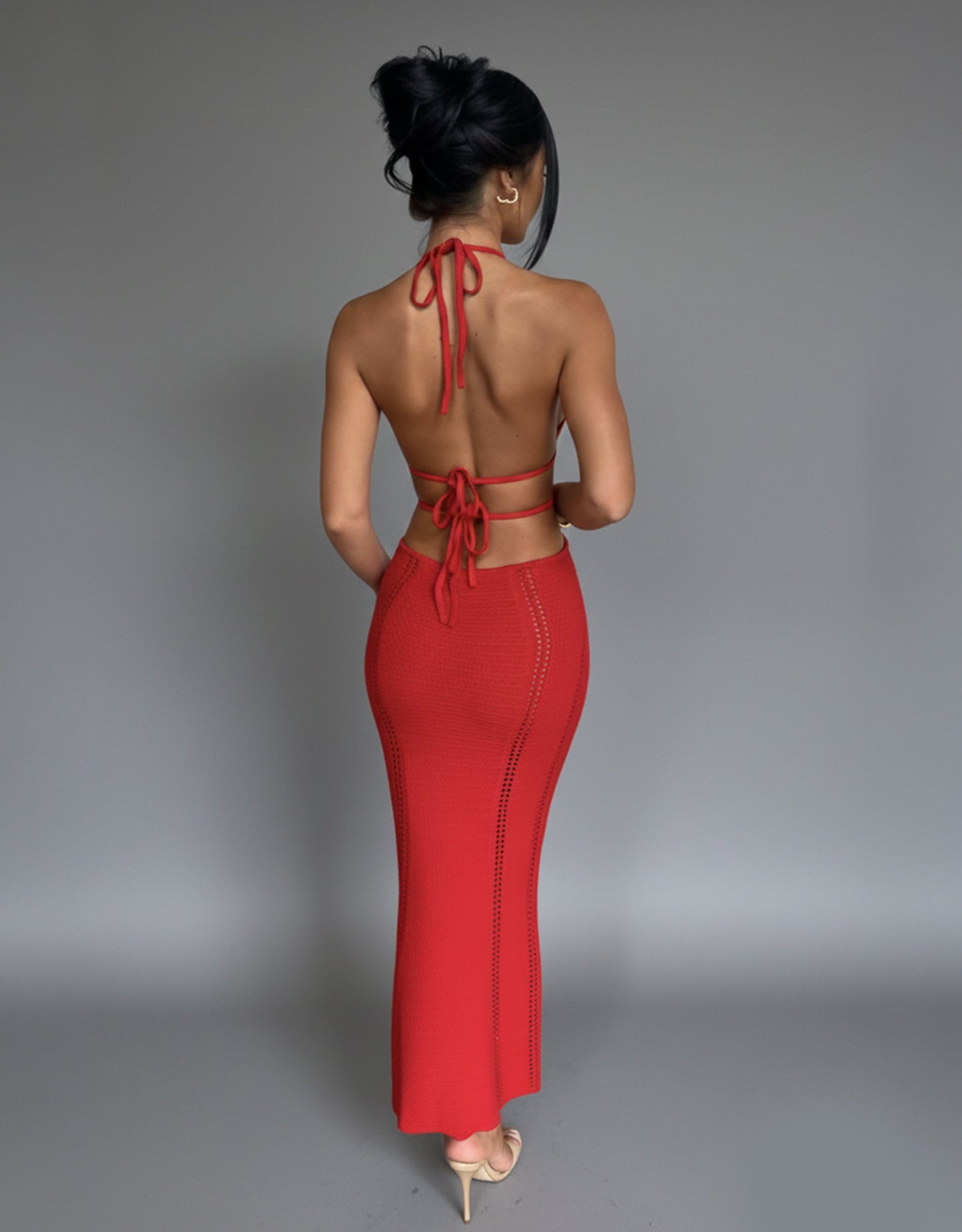 Women's Red Maxi Dress Backless Halter Style