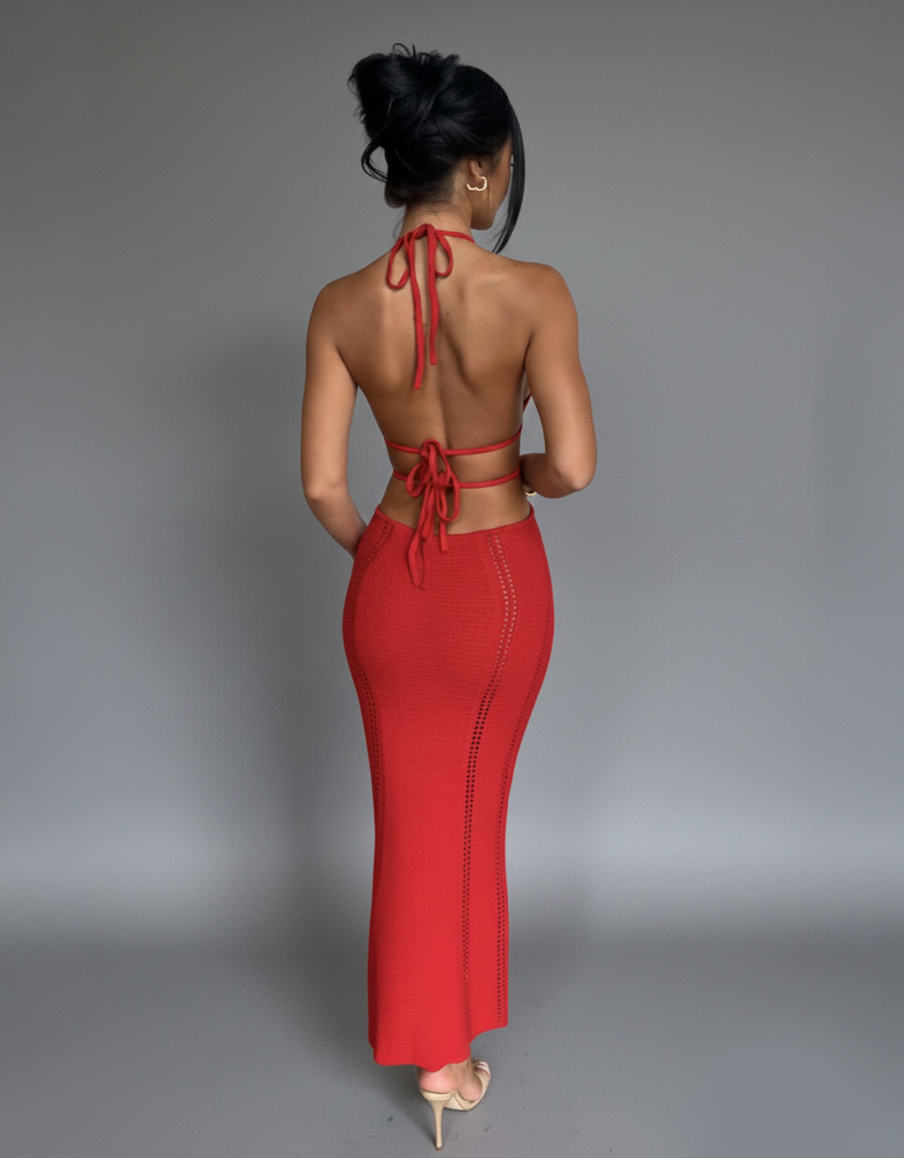 Women's Red Maxi Dress Backless Halter Style