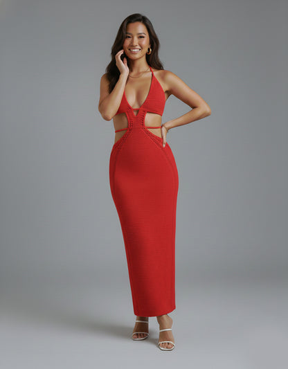 Women's Red Maxi Dress Backless Halter Style