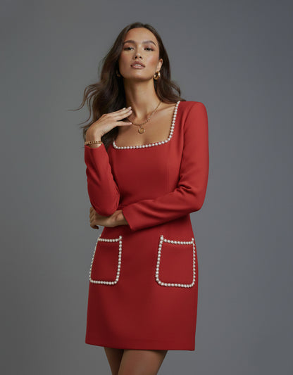Women's Red Mini Cocktail Dress Tulip Style with Pearl Trim