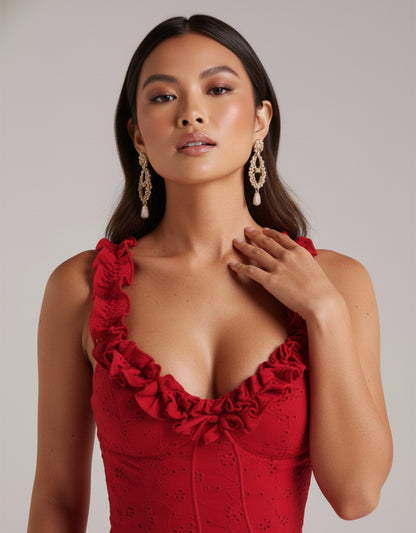 Women's Red Playsuit Mini with Flowing Skirt and Ruffle Straps