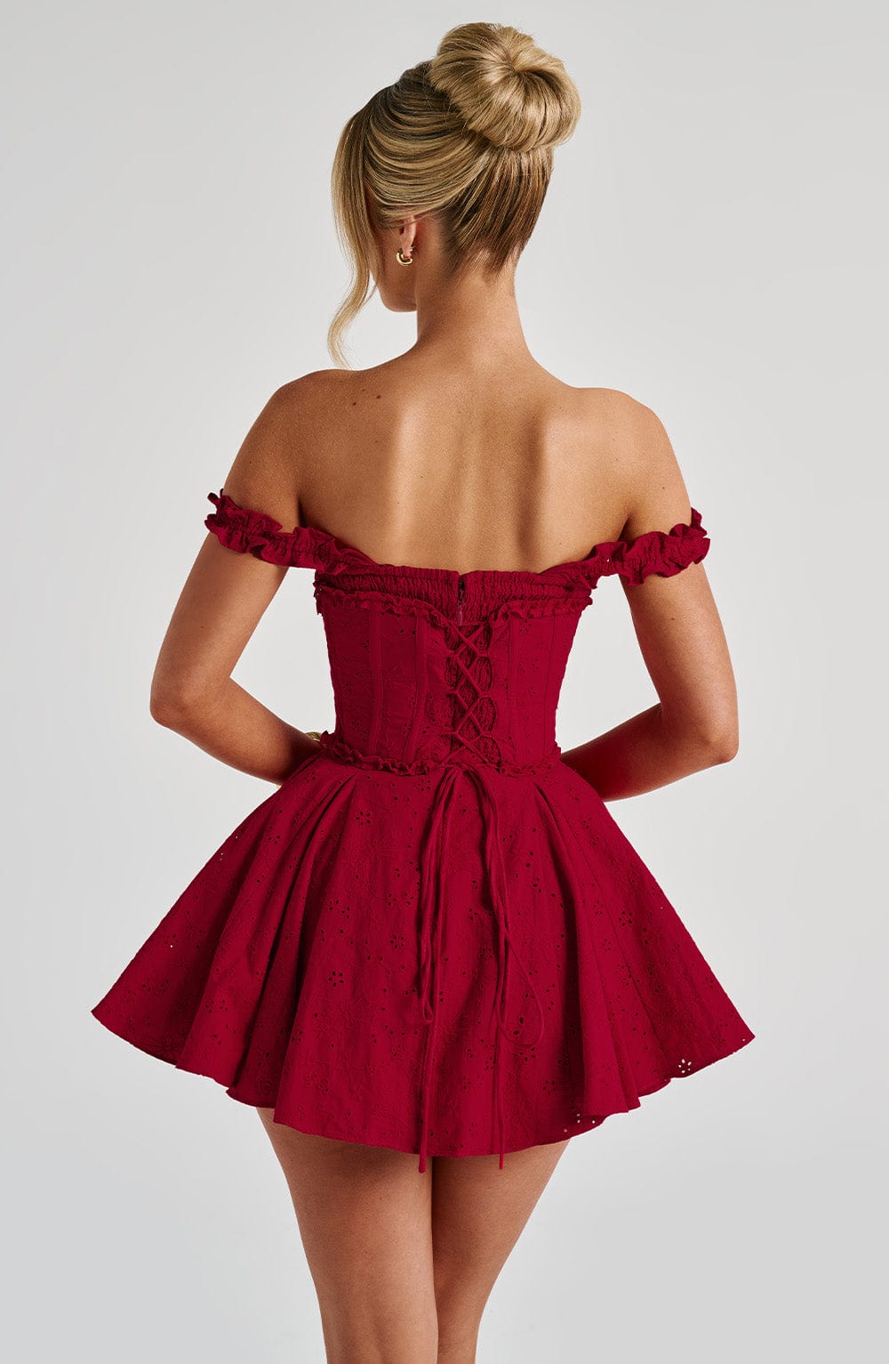Women's Red Playsuit Mini with Flowing Skirt and Ruffle Straps