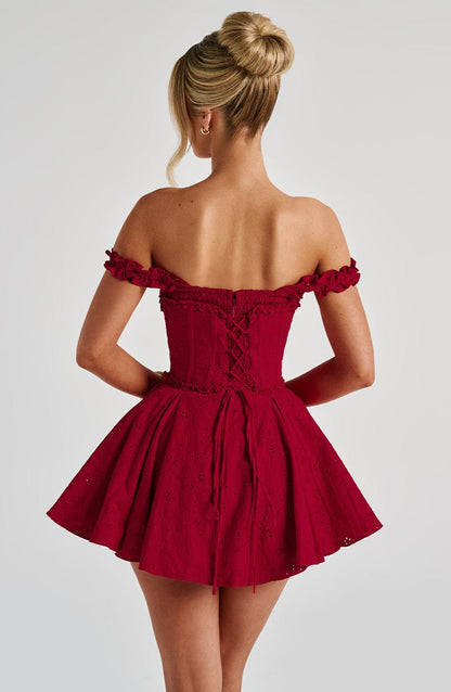 Women's Red Playsuit Mini with Flowing Skirt and Ruffle Straps
