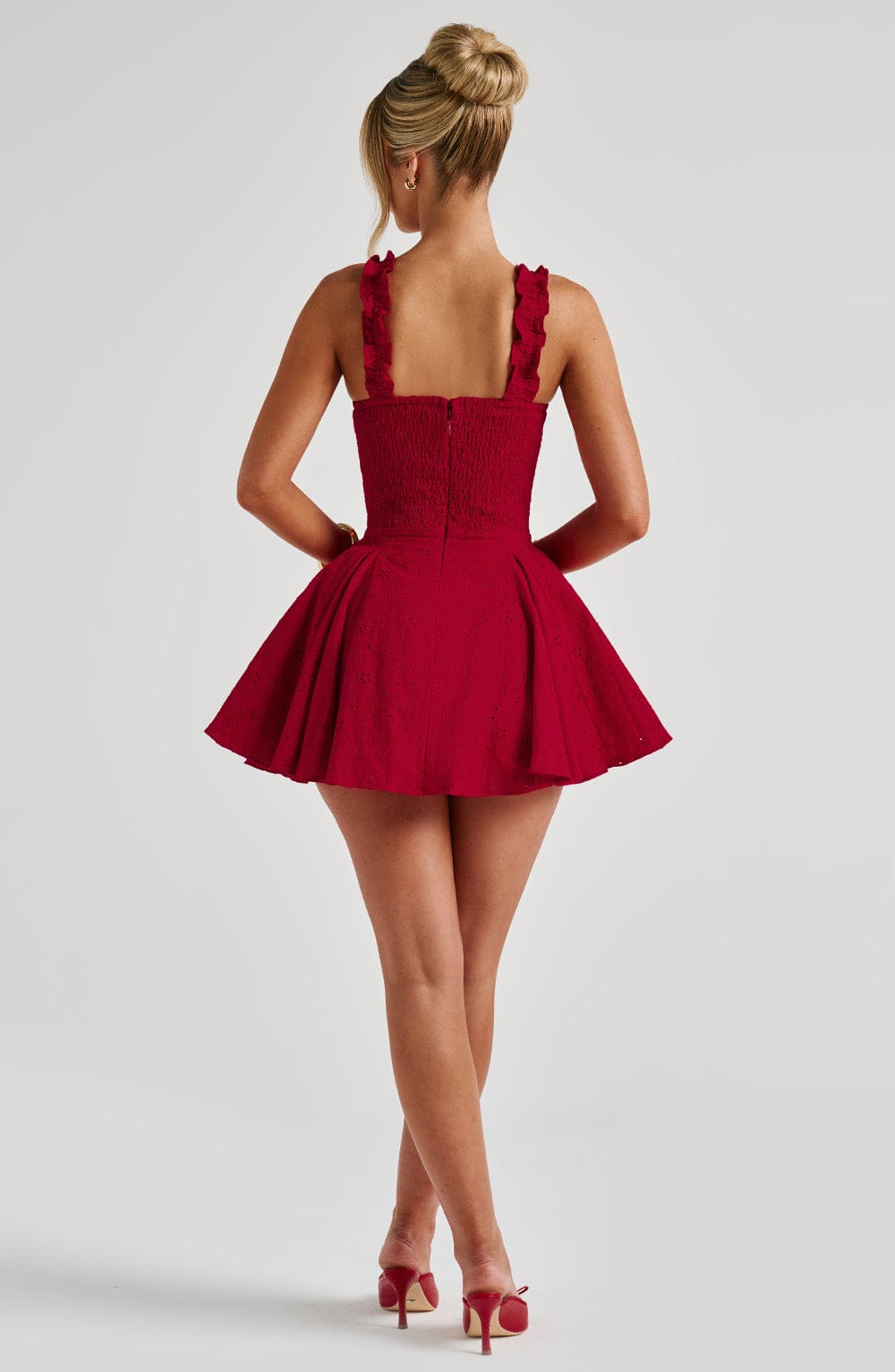 Women's Red Playsuit Mini with Flowing Skirt and Ruffle Straps
