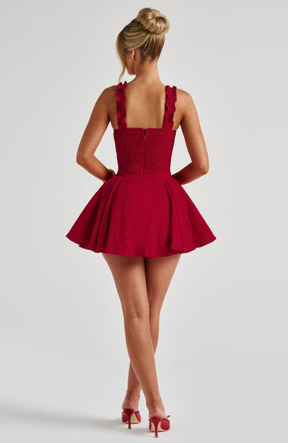 Women's Red Playsuit Mini with Flowing Skirt and Ruffle Straps