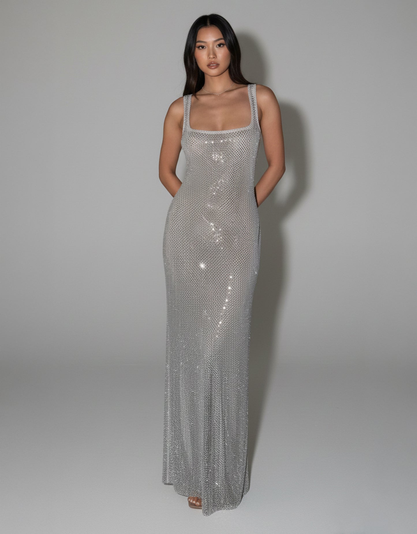 Women's Silver Maxi Dress Shimmering Design