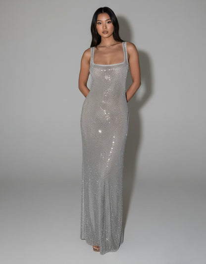 Women's Silver Maxi Dress Shimmering Design
