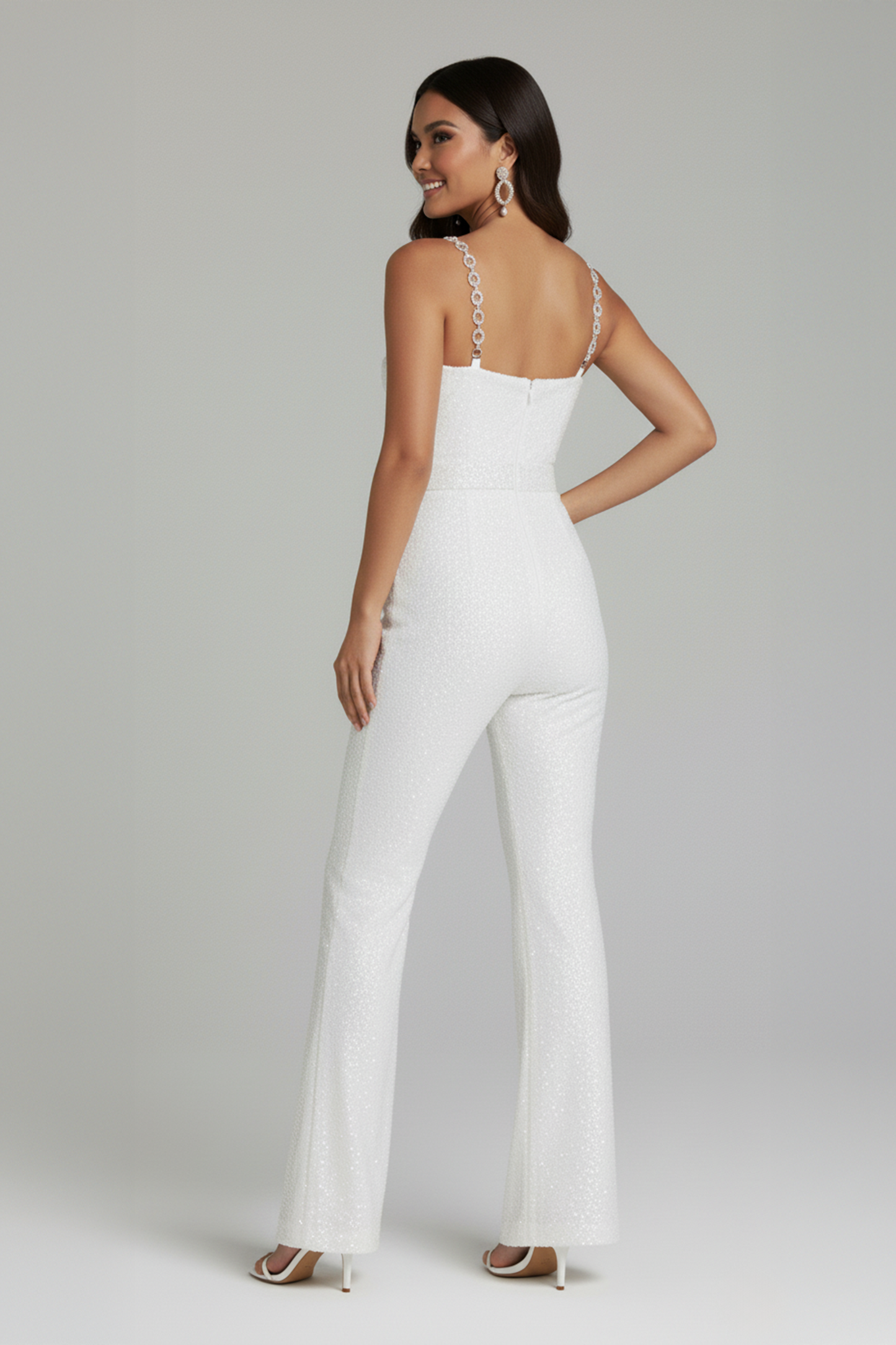 Women's White Bridal Jumpsuit Flared Trousers with Removable Straps