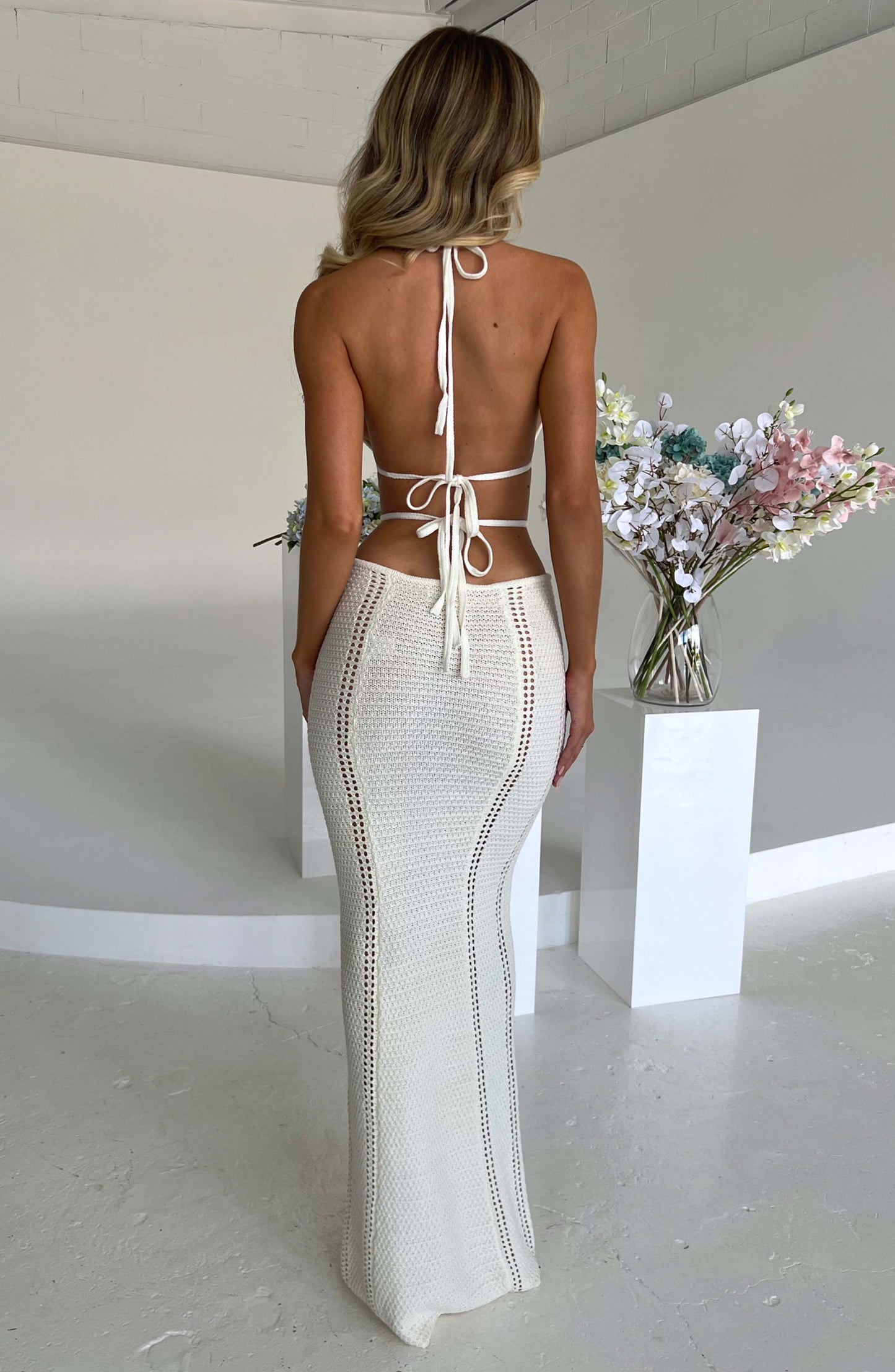 Women's White Maxi Dress Backless Halter Design