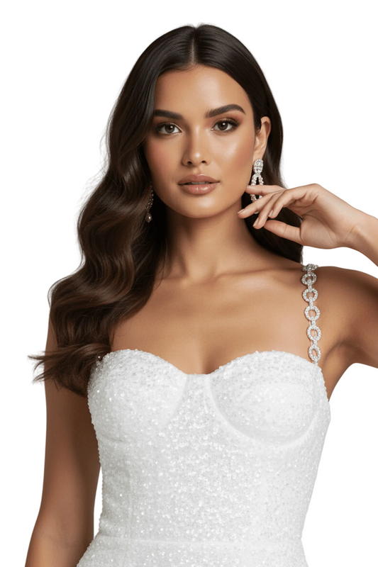 Women's White Midi Dress Pearl Shimmer Sequin Diamant Straps