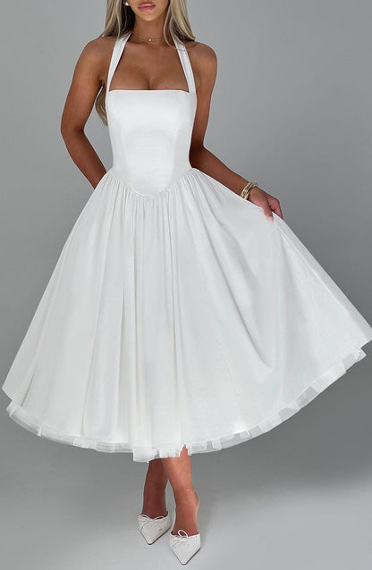 Women's White Midi Dress Square Neckline for Formal Events