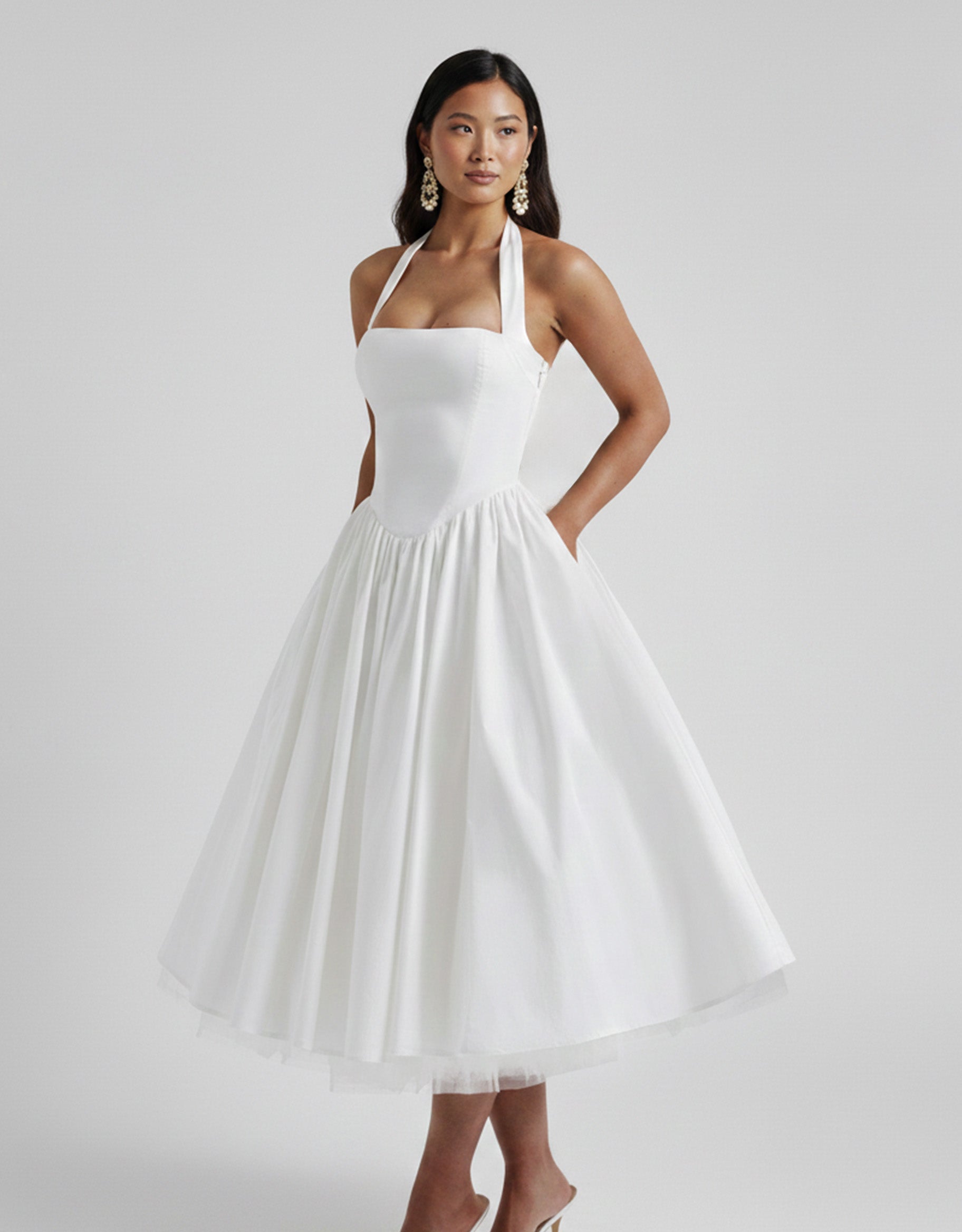 Women's White Midi Dress Square Neckline for Formal Events