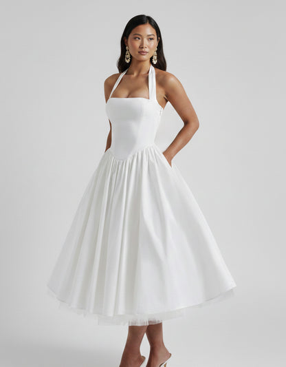 Women's White Midi Dress Square Neckline for Formal Events