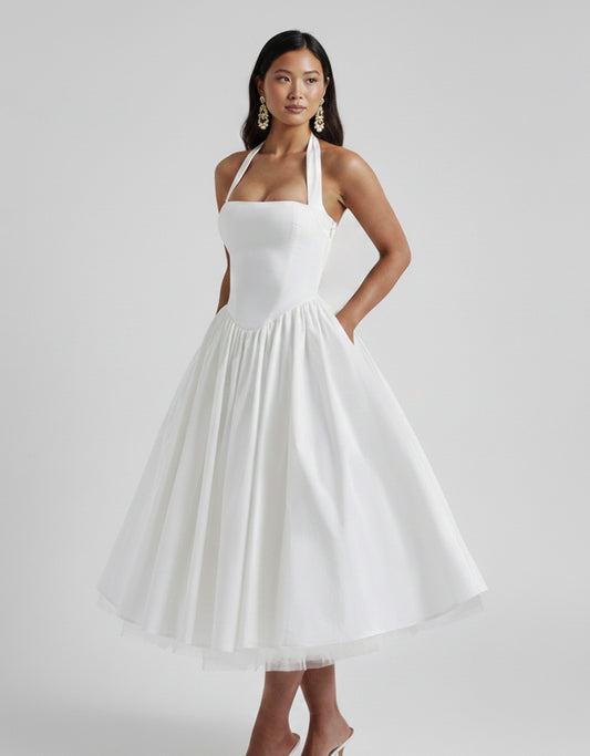 Women's White Midi Dress Square Neckline for Formal Events
