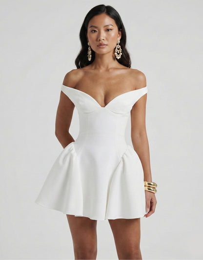 Women's White Mini Dress Bardot Style with Gathered Skirt