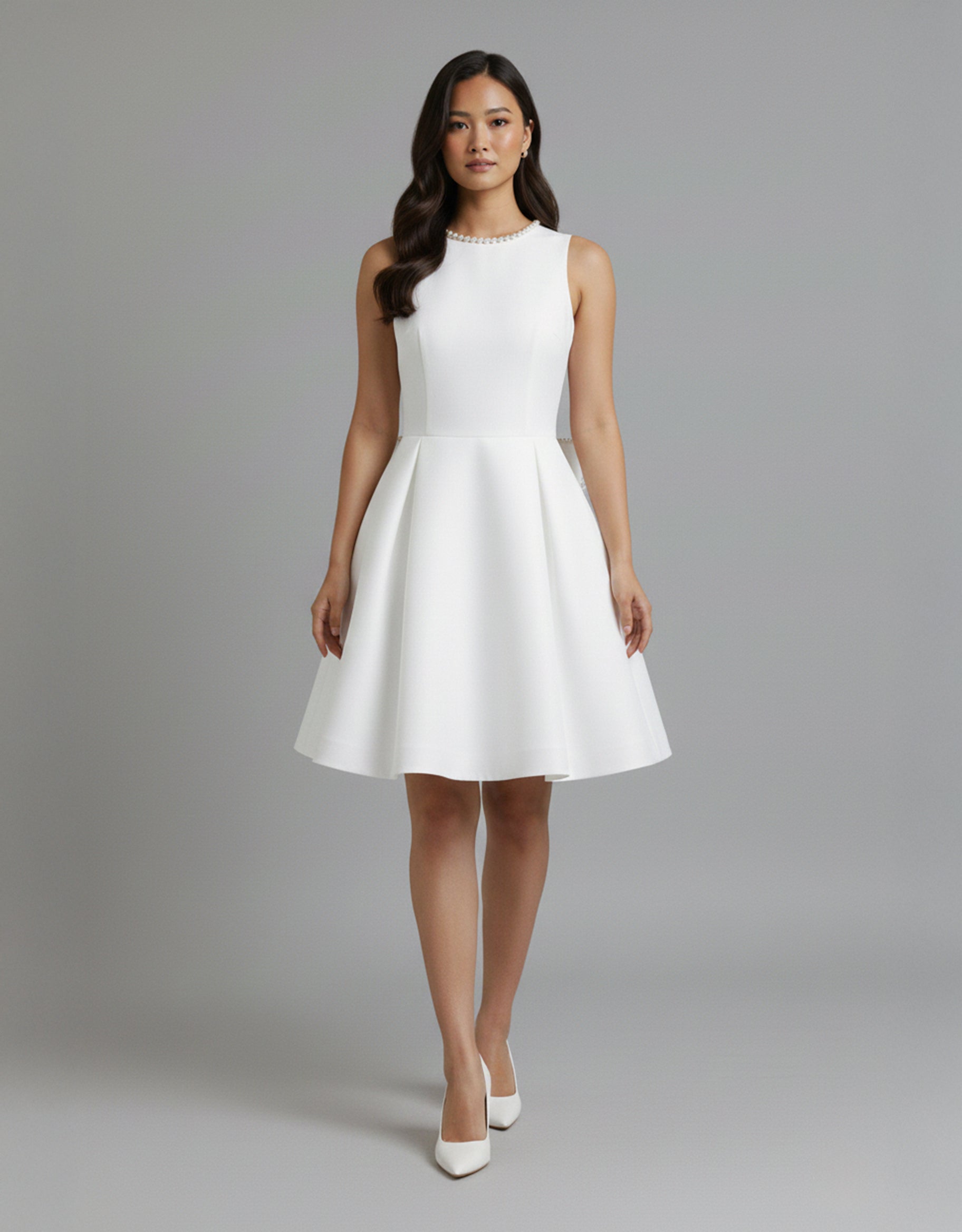 Women's White Mini Dress Bridal Style with Bubble Skirt and Pearl Bow