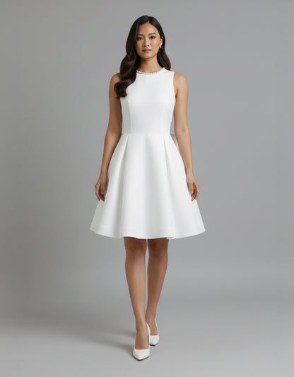 Women's White Mini Dress Bridal Style with Bubble Skirt and Pearl Bow