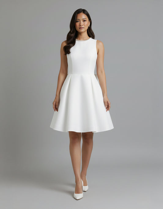 Women's White Mini Dress Bridal Style with Bubble Skirt and Pearl Bow