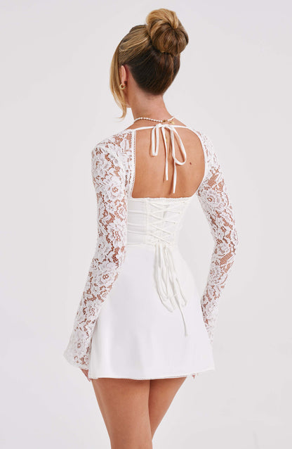 Women's White Mini Dress Floral Lace Design