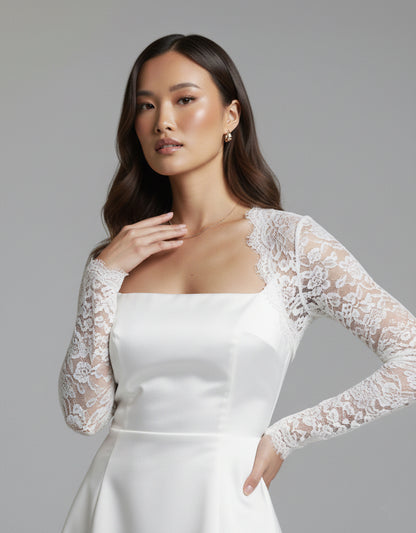 Women's White Mini Dress Square Neckline with Lace Sleeves