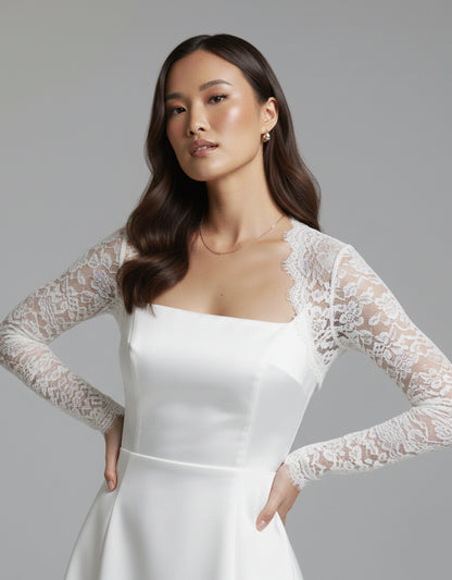 Women's White Mini Dress Square Neckline with Lace Sleeves