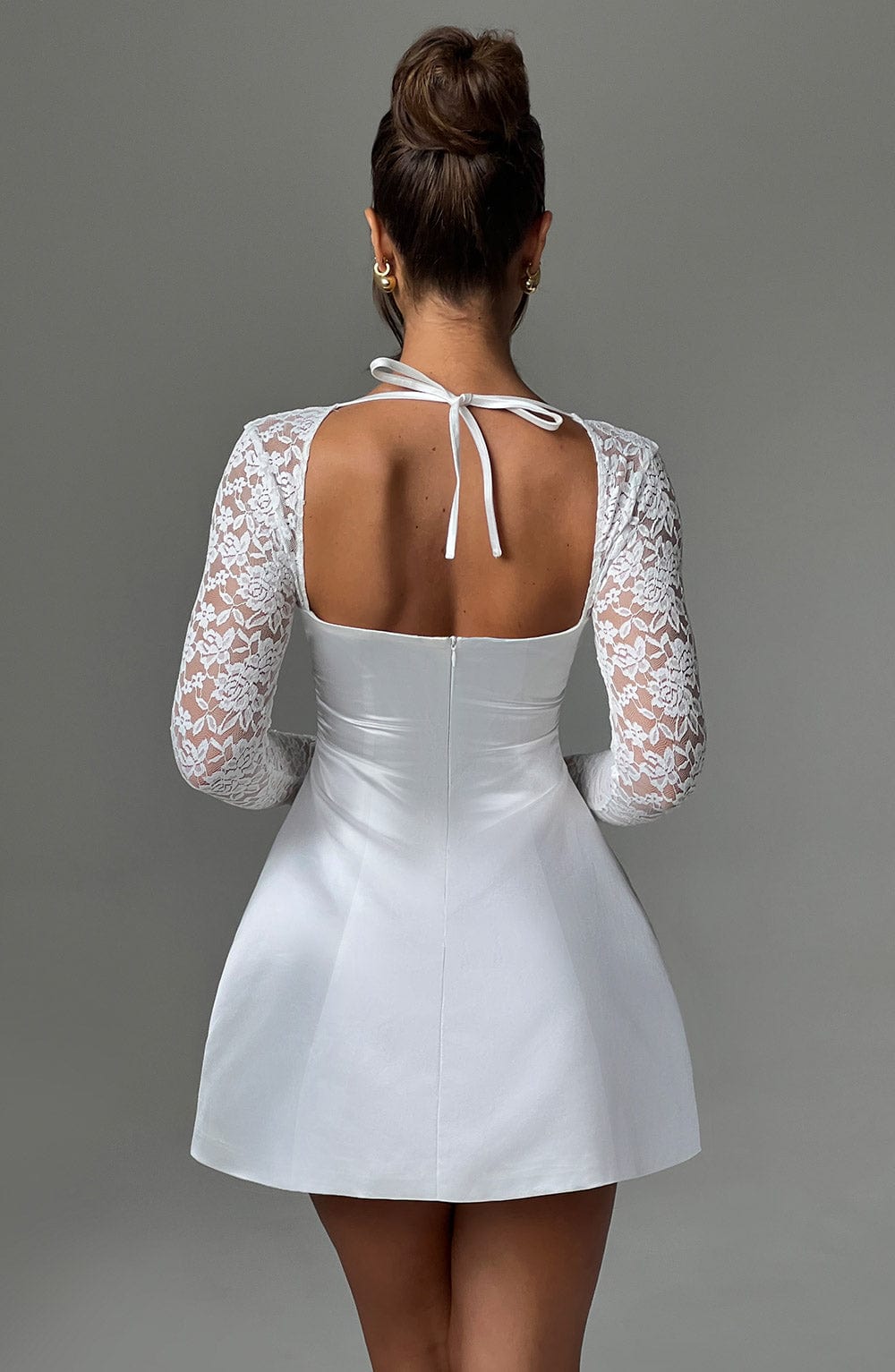 Women's White Mini Dress Square Neckline with Lace Sleeves