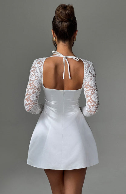 Women's White Mini Dress Square Neckline with Lace Sleeves
