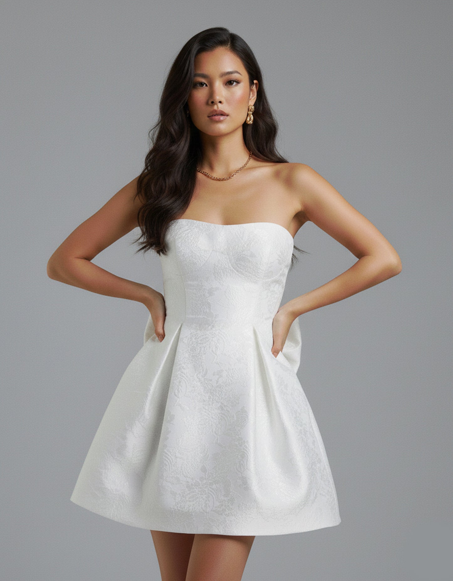 Women's White Mini Dress Strapless with Structured Skirt
