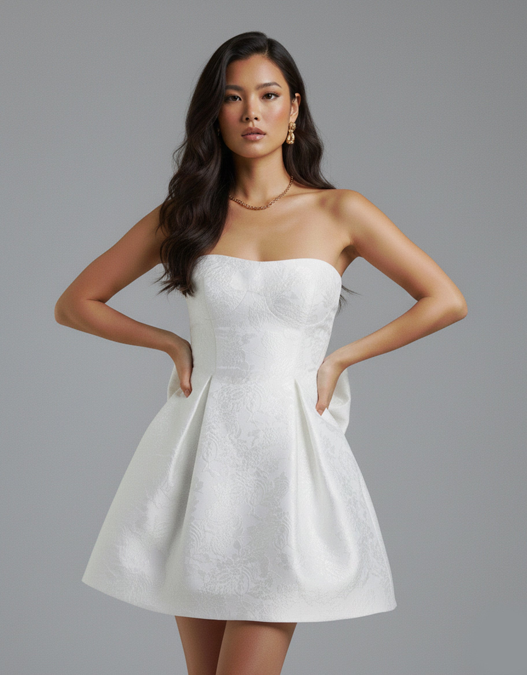 Women's White Mini Dress Strapless with Structured Skirt