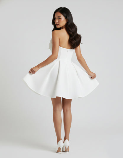 Women's White Mini Playsuit with Strapless Neckline and Bow Detail