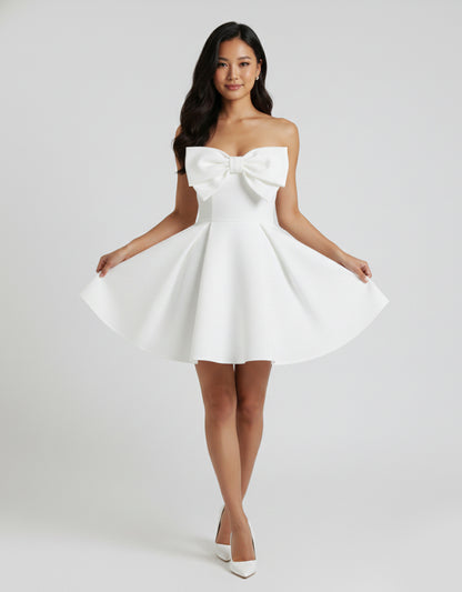 Women's White Mini Playsuit with Strapless Neckline and Bow Detail