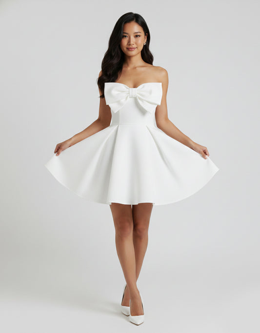 Women's White Mini Playsuit with Strapless Neckline and Bow Detail