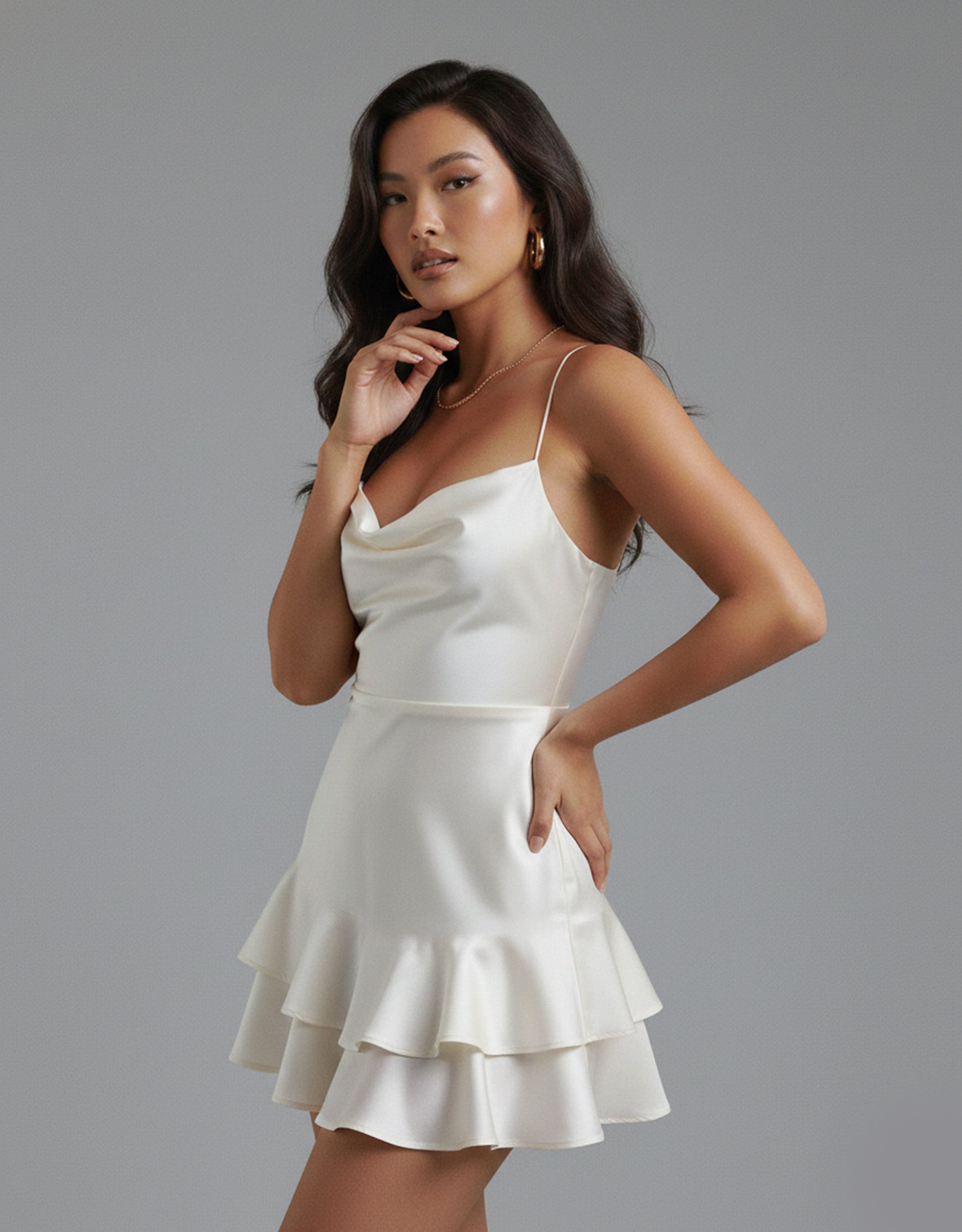 Women's White Playsuit Cowl Neck Ruffle Style