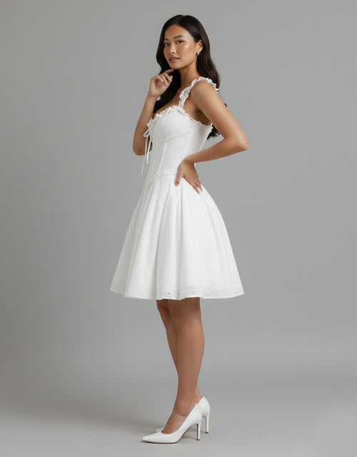 Women's White Playsuit Floral Broderie Anglaise Design with Corset and Ruffle Straps